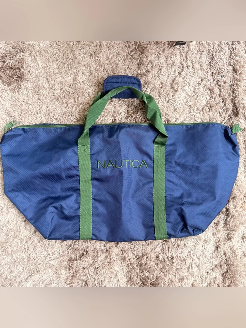 Nautica Blue and Green Trim XL Wide Tote Bag with Zipper